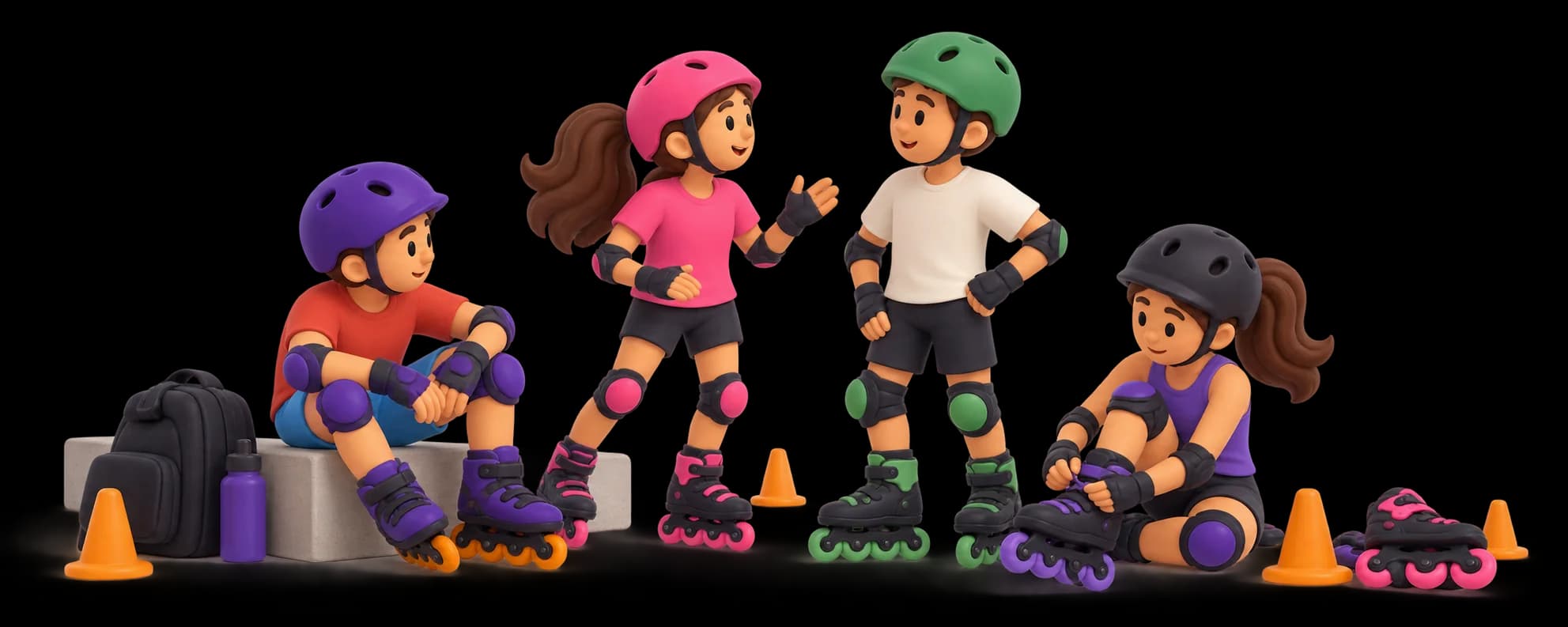 Cuatro patinadores con casco y protecciones charlan entre sí apoyados en sus patines
