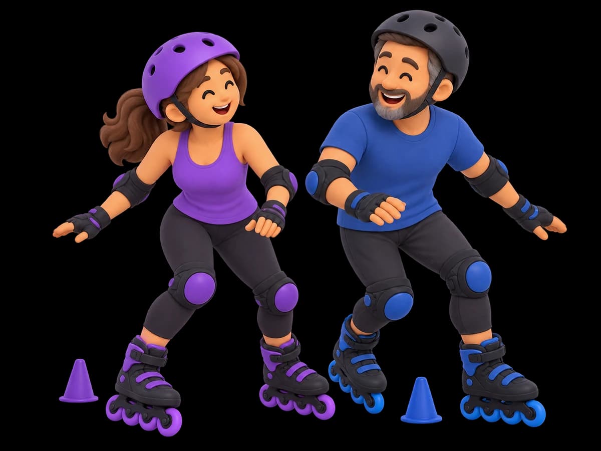 Ilustración de dos adultos aprendiendo a patinar con casco y protecciones