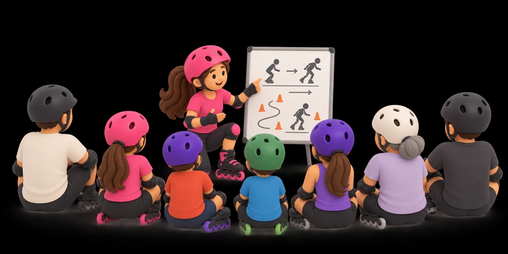 Monitora guiando una clase de patinaje en grupo