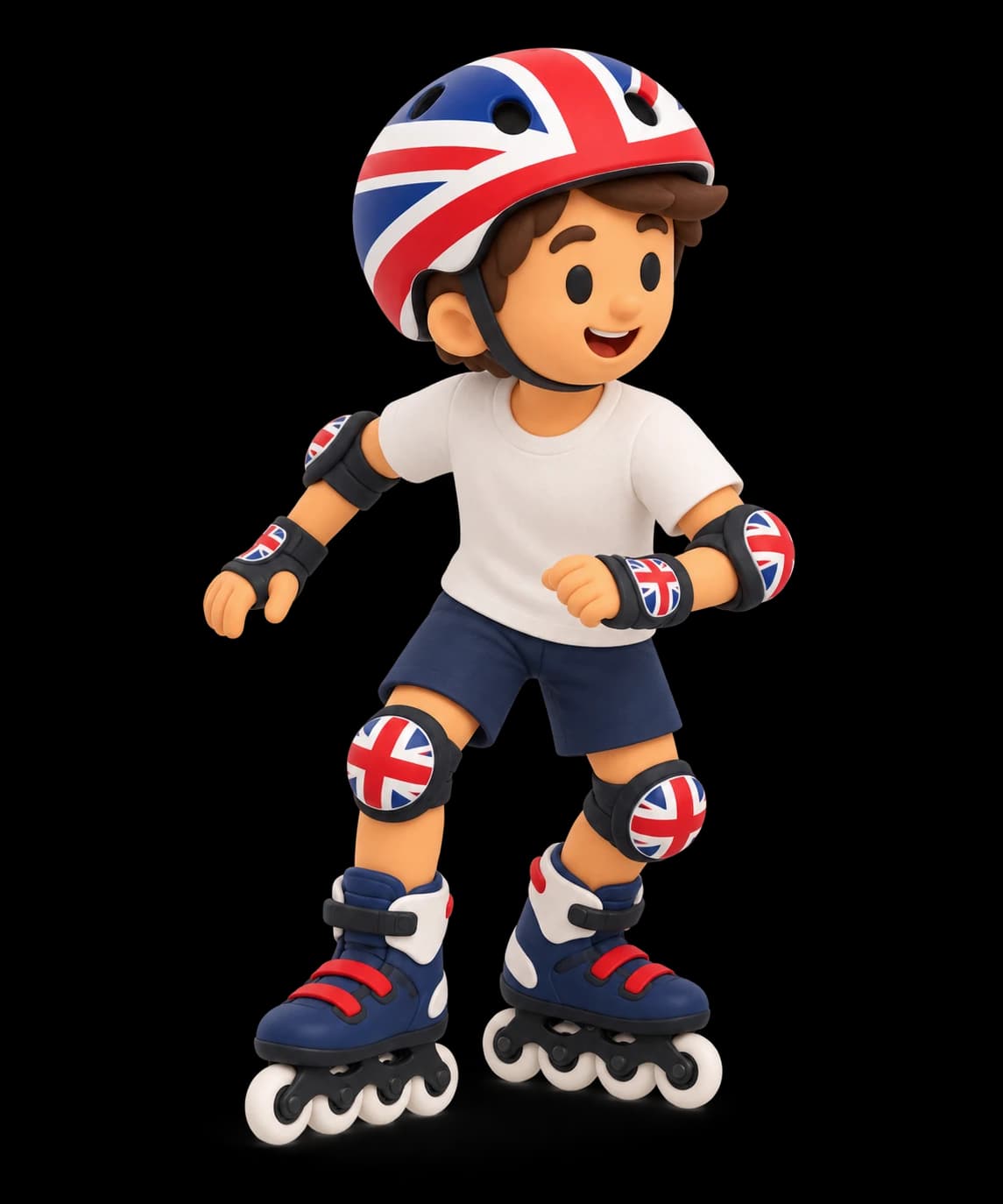 Niño patinando con casco y protecciones decoradas con la bandera británica
