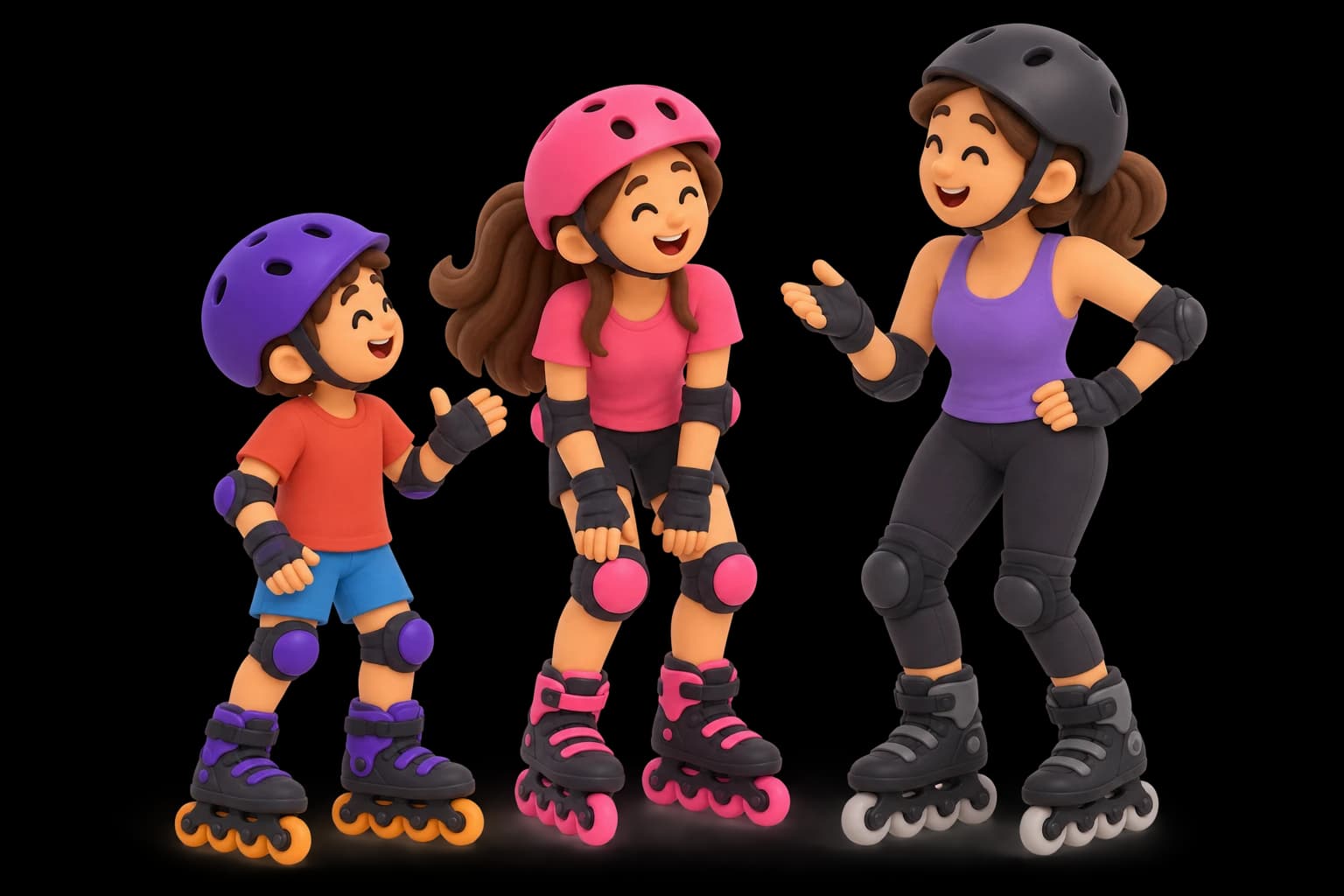 Un niño, una joven y una monitora patinando juntos