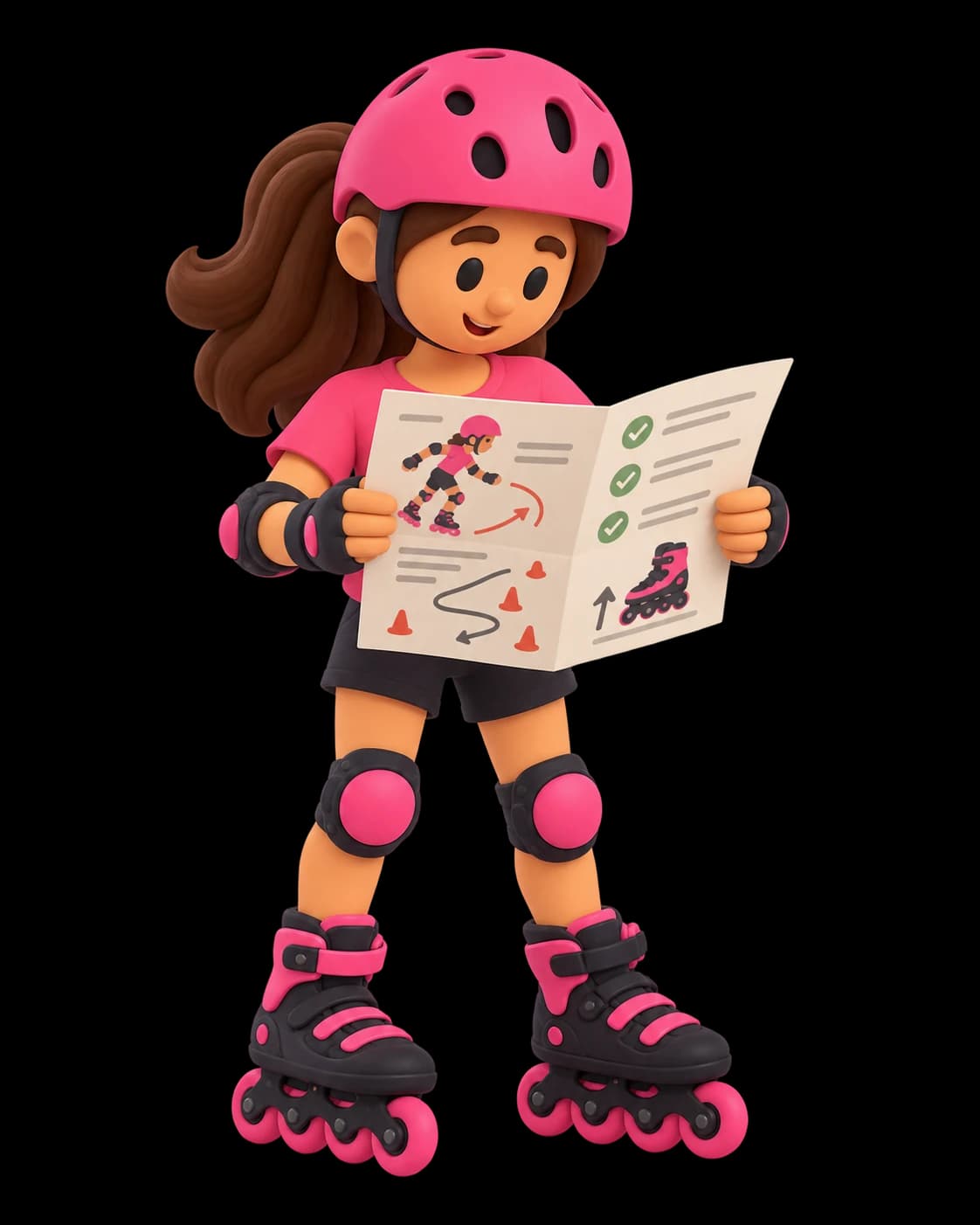 Alumna con casco leyendo una guía ilustrada de patinaje y protecciones