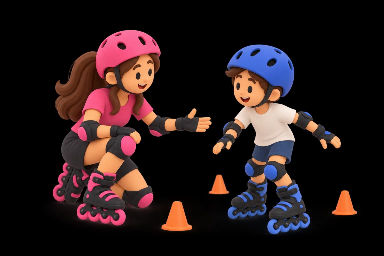 Dos alumnos practicando patinaje con conos en una clase