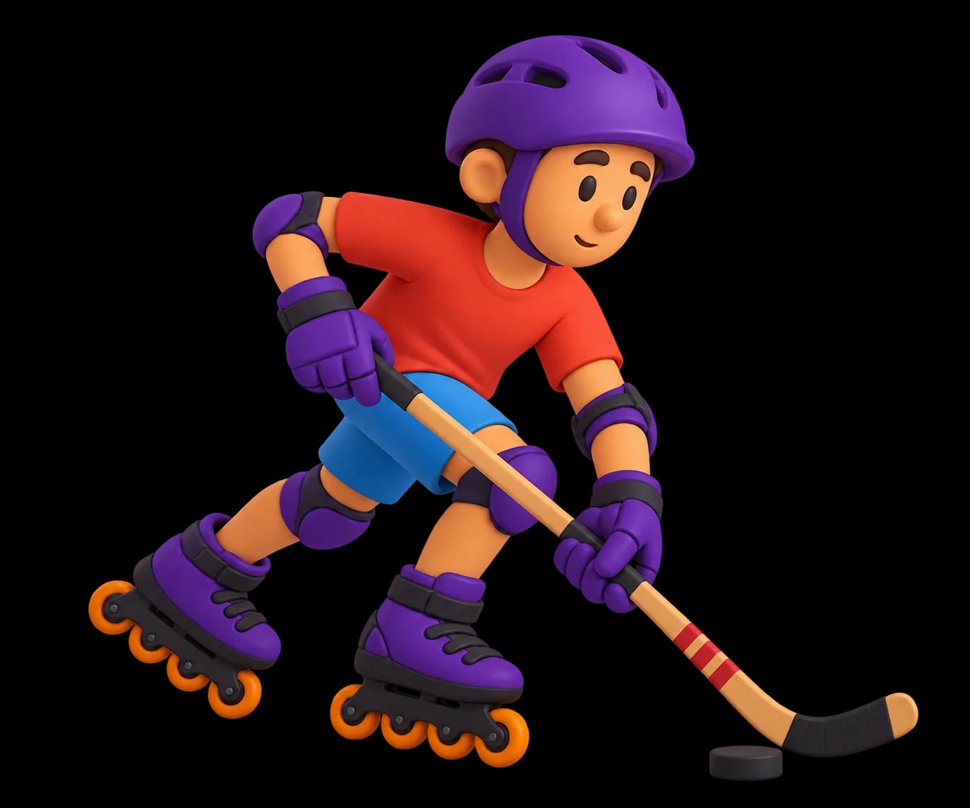 Ilustración de un patinador con casco morado manejando un disco con un stick de hockey