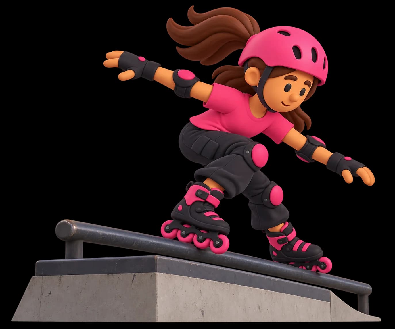 Ilustración de una patinadora con casco rosa deslizándose sobre una barandilla