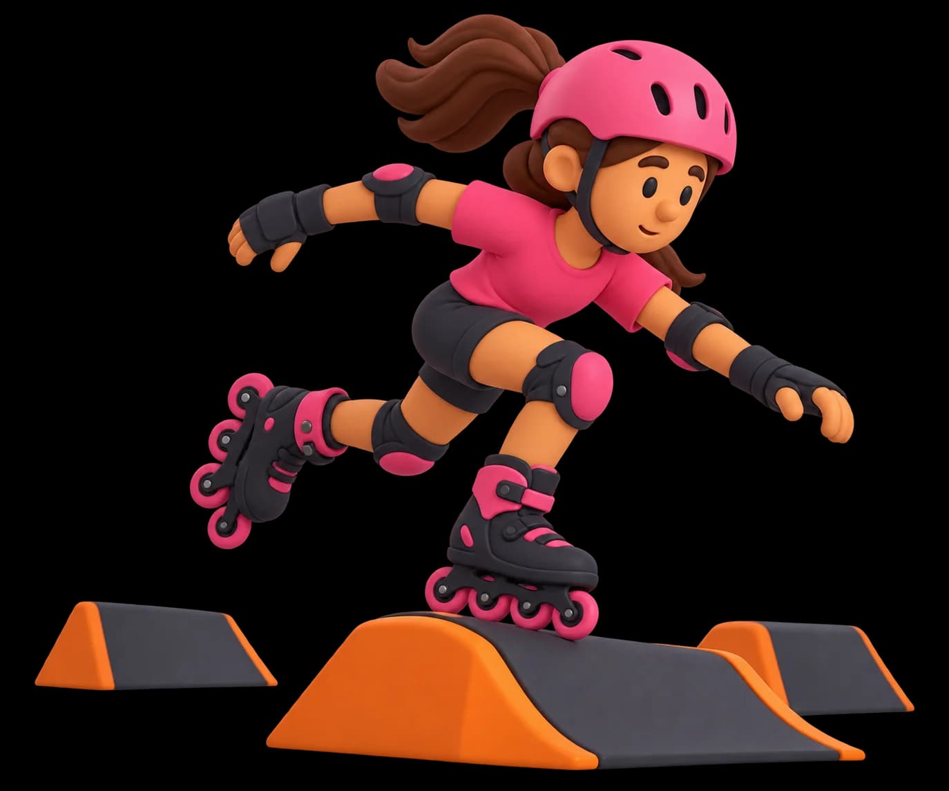 Ilustración de una patinadora con casco rosa superando rampas de roller cross