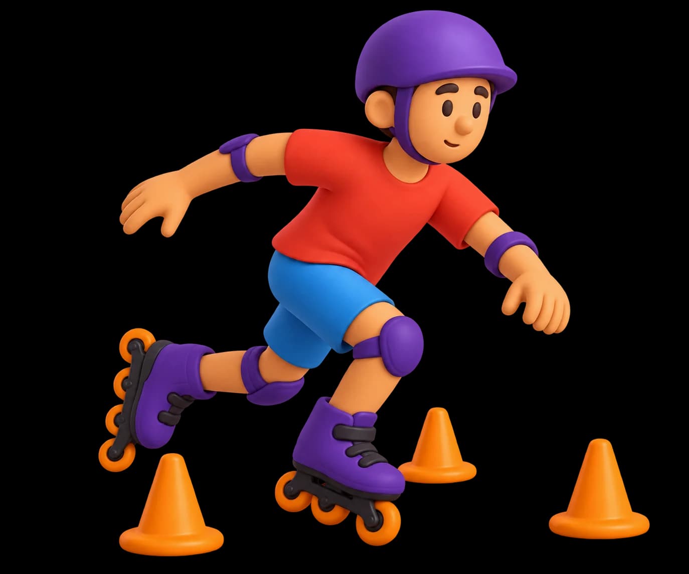 Ilustración de un patinador con casco morado haciendo slalom entre conos